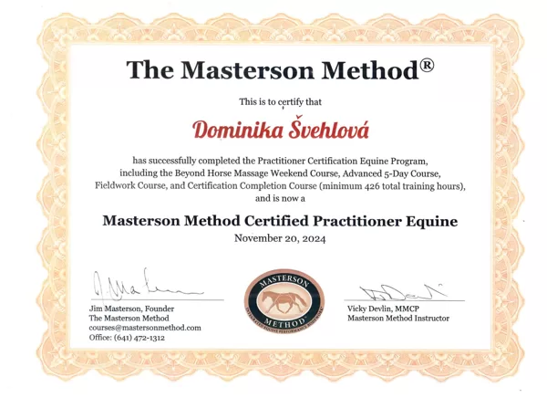 Certifikát Masterson Method Certified Practitioner Equine